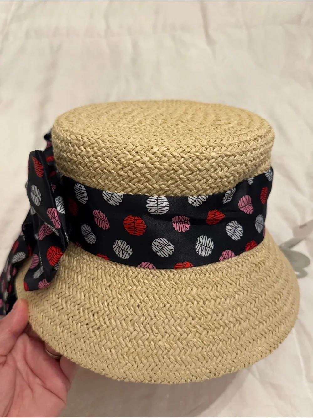 Disney Straw Bucket Hat with Black Polka Dot Bow (Red, Pink, White)